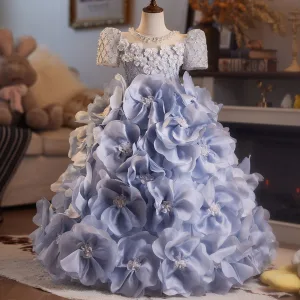 Flower Fairy Fashion Sky Blue Beading Pearl Appliques Sequins Birthday Flower Girl Dresses 2025 Ball Gown Scoop Neck Short Sleeve Backless Floor Length Long
