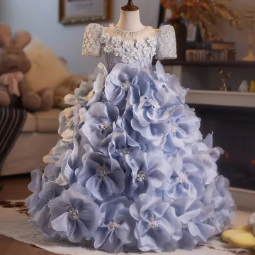 Flower Fairy Fashion Sky Blue Beading Pearl Appliques Sequins Birthday Flower Girl Dresses 2025 Ball Gown Scoop Neck Short Sleeve Backless Floor Length Long