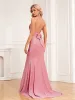 Sexy Blushing Pink Glitter Evening Dresses 2024 Trumpet / Mermaid Halter Sleeveless Backless Bow Sweep Train Evening Party Formal Dresses