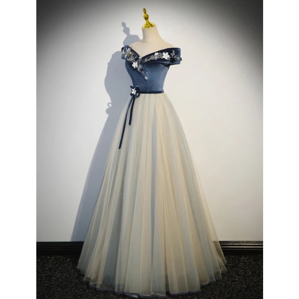 Fashion Navy Blue Beading Appliques Prom Dresses 2023 A-Line / Princess Off-The-Shoulder Sleeveless Backless Bow Sash Floor-Length / Long Prom Formal Dresses