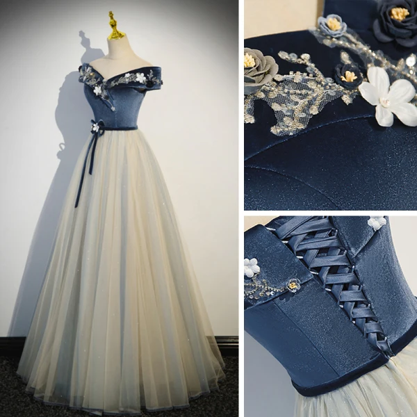 Fashion Navy Blue Beading Appliques Prom Dresses 2023 A-Line / Princess Off-The-Shoulder Sleeveless Backless Bow Sash Floor-Length / Long Prom Formal Dresses