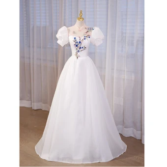 Chinese Style Ivory Lace Flower Appliques Cheongsam Evening Dresses Prom Dresses 2023 A Line Princess High Neck Puffy Short Sleeve Floor Length Long Evening Party Prom