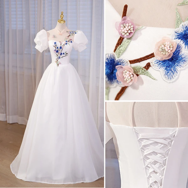 Chinese style Ivory Lace Flower Appliques Cheongsam Evening Dresses Prom Dresses 2023 A-Line / Princess High Neck Puffy Short Sleeve Floor-Length / Long Evening Party Prom