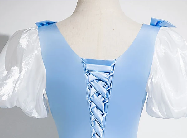 Chic / Beautiful Sky Blue Prom Dresses 2024 A-Line / Princess Square Neckline Bow Puffy Short Sleeve Backless Floor-Length / Long Prom Formal Dresses