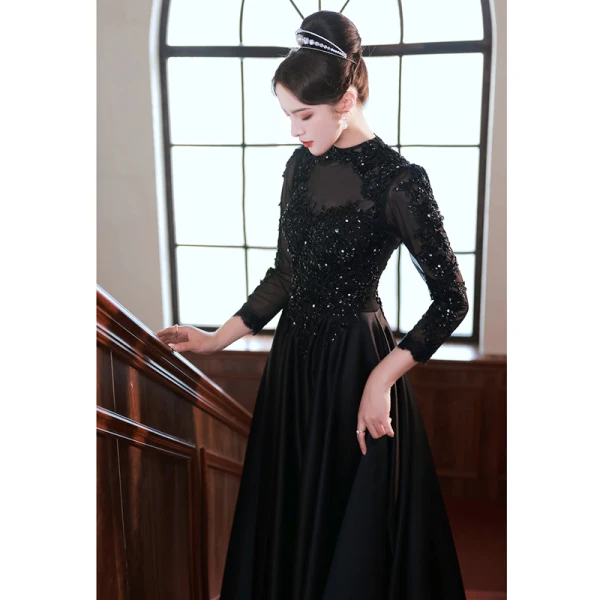 Vintage / Retro Black Beading Rhinestone Sequins Evening Dresses 2023 A-Line / Princess High Neck 3/4 Sleeve Floor-Length / Long Evening Party Formal Dresses