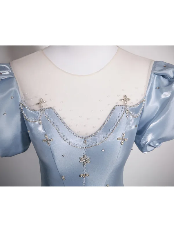 Elegant Sky Blue Rhinestone Satin Prom Dresses 2025 Ball Gown Scoop Neck Puffy Short Sleeve Backless Floor-Length / Long Formal Dresses