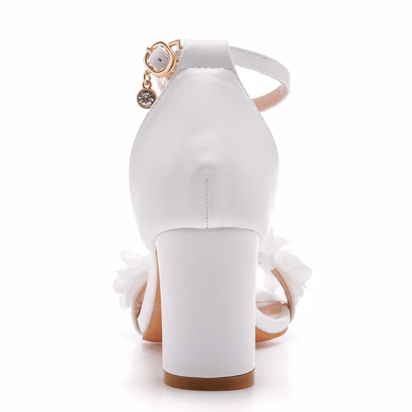Sexy Ivory / Creme Applikationen Brautschuhe 2022 7 cm Thick Heels Knöchelriemen Peeptoes Hochzeit Sandaletten Hochhackige