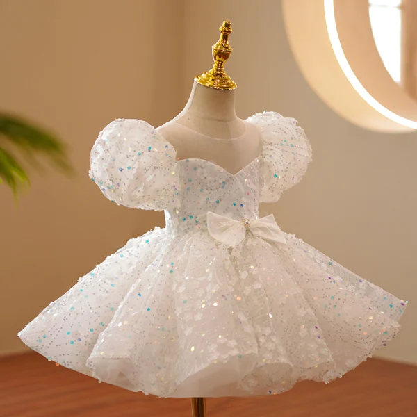 Sparkly White Laser Sequins Bow Birthday Flower Girl Dresses 2022 Ball Gown Scoop Neck Puffy Short Sleeve Floor-Length / Long Flower Girl Dresses