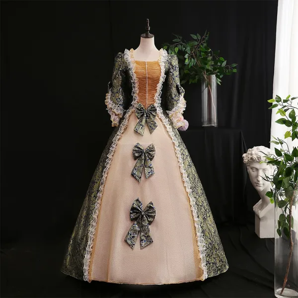Vintage / Retro Medieval Gold Printing Bow Lace Flower Prom Dresses 2025 Ball Gown Square Neckline Bell sleeves Floor-Length / Long Formal Dresses