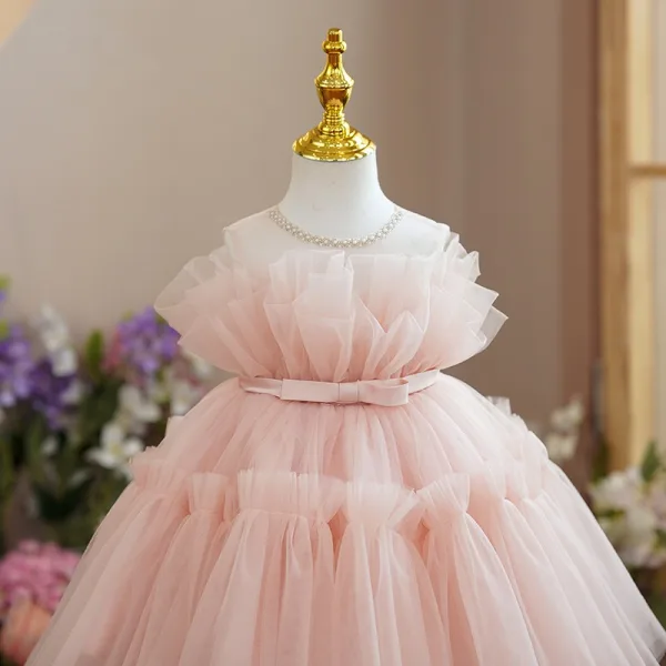 Modest / Simple Blushing Pink Ruffle Short Birthday Flower Girl Dresses 2024 Ball Gown Scoop Neck Sleeveless Backless Bow Sash Tulle