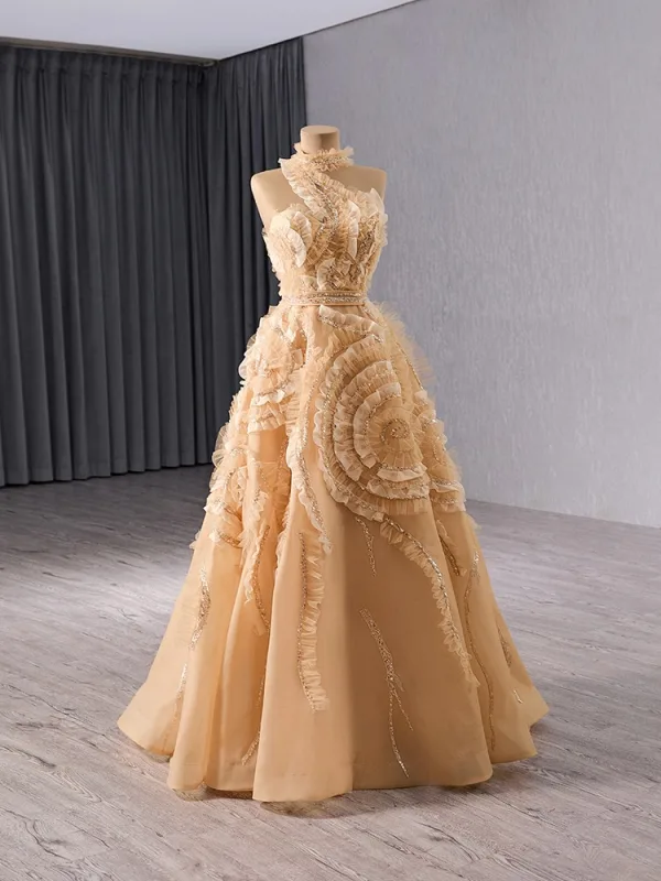 High-end Champagne Beading Sequins Ruffle Prom Dresses 2024 A-Line / Princess High Neck Sleeveless Backless Floor-Length / Long Prom Formal Dresses