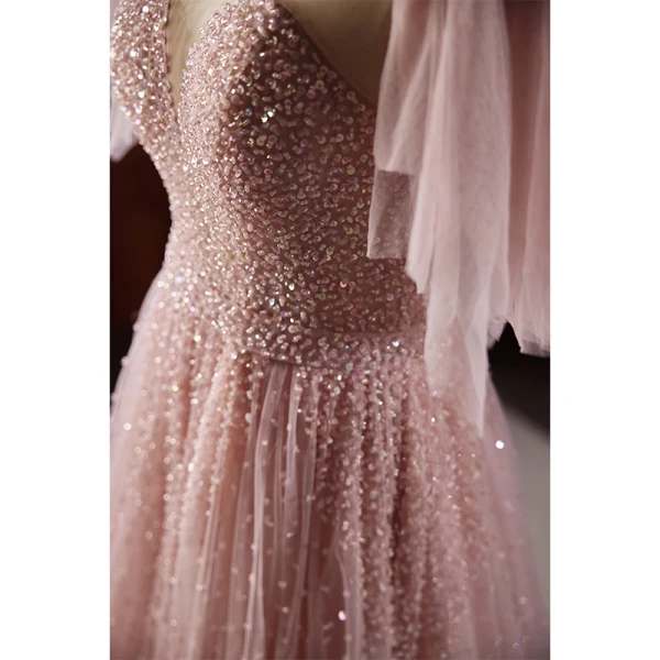 Charmant Rougissant Rose Perlage Paillettes Robe De Soirée 2023 Princesse Encolure Dégagée Manches Courtes Dos Nu Longue Soirée Robe De Ceremonie