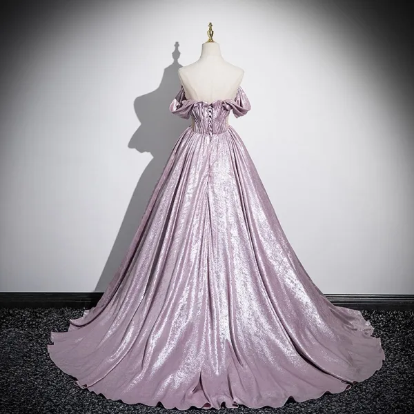 Élégant Rougissant Rose Perlage Glitter Robe De Bal 2025 Princesse De l'épaule Manches Courtes Dos Nu Train De Balayage Promo Robe De Ceremonie