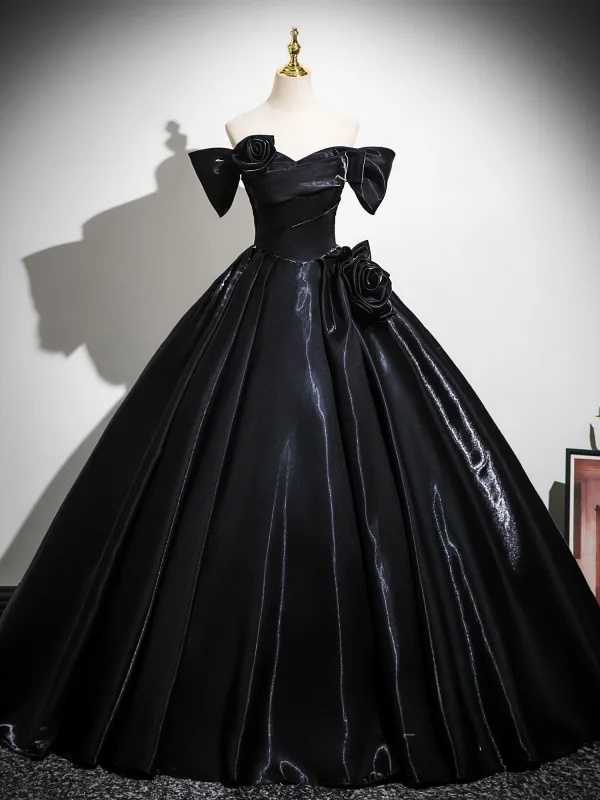 Vintage / Retro Black Flower Satin Prom Dresses 2025 Ball Gown Off-The-Shoulder Short Sleeve Backless Floor-Length / Long Formal Dresses