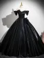 Vintage / Retro Black Flower Satin Prom Dresses 2025 Ball Gown Off-The-Shoulder Short Sleeve Backless Floor-Length / Long Formal Dresses