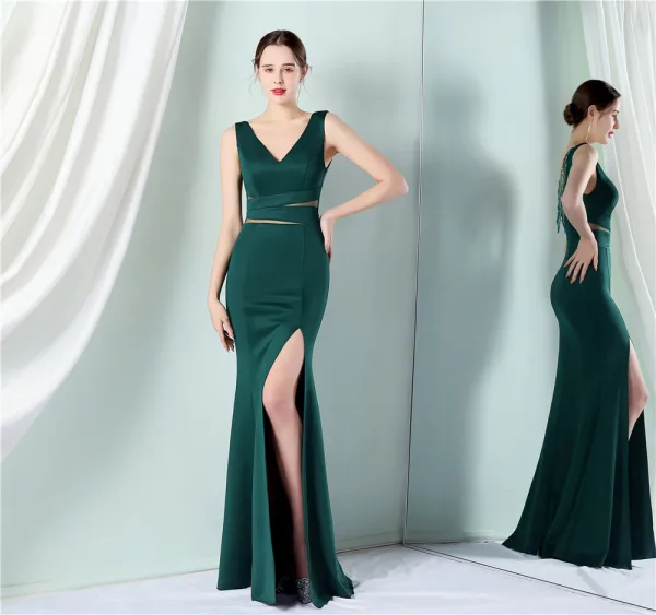 Sexy Black Beading Split Front Evening Dresses 2022 Trumpet / Mermaid V-Neck Sleeveless Backless Floor-Length / Long Evening Party Formal Dresses