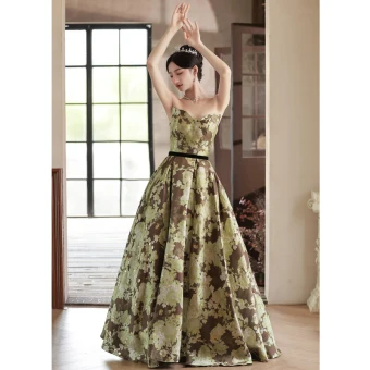 Vintage Retro Army Green Printing Prom Dresses 2022 A Line Princess Strapless Sleeveless Backless Sash Floor Length Long Prom Formal Dresses