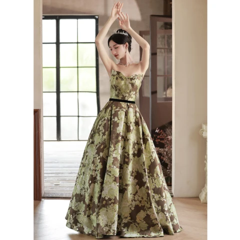 Vintage / Retro Army Green Printing Prom Dresses 2022 A-Line / Princess Strapless Sleeveless Backless Sash Floor-Length / Long Prom Formal Dresses