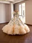 Luxury / Gorgeous Champagne Beading Lace Flower Sequins Ruffle Prom Dresses 2026 Ball Gown V-Neck Short Sleeve Backless Sweep Train Formal Dresses