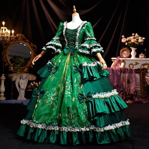 Medieval Vintage / Retro Dark Green Lace Flower Sequins Bow Prom Dresses 2025 Ball Gown Square Neckline Bell sleeves Floor-Length / Long Prom Formal Dresses