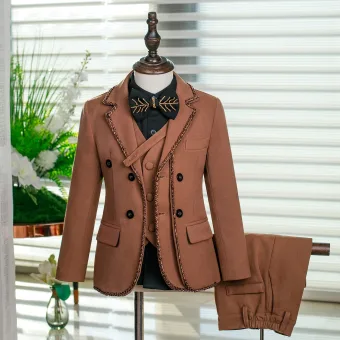 Fashion Tan 5 Piece Long Sleeve Boys Wedding Suits 2025 Coat Pants Shirt Tie Vest