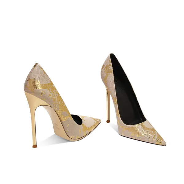 Mode Zwarte Goud Avond Slangenprint Pumps 2025 10 cm Naaldhakken / Stiletto Spitse Neus Pumps Hoge Hakken