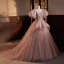 Elegante Rosa Perlenstickerei Strass Pailletten Ballkleider 2023 Ballkleid Eckiger Ausschnitt Geschwollenes Kurze Ärmel Rückenfreies Sweep / Pinsel Zug Ball Festliche Kleider