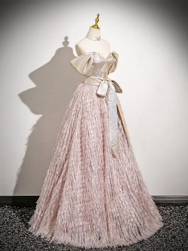 Fashion Blushing Pink Glitter Tassel Prom Dresses 2025 A-Line / Princess Off-The-Shoulder Bow Sash Backless Short Sleeve Floor-Length / Long Prom Formal Dresses