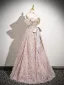 Fashion Blushing Pink Glitter Tassel Prom Dresses 2025 A-Line / Princess Off-The-Shoulder Bow Sash Backless Short Sleeve Floor-Length / Long Prom Formal Dresses