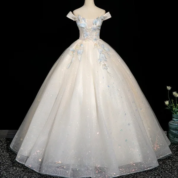 Charming Champagne Beading Appliques Prom Dresses 2025 A-Line / Princess Off-The-Shoulder Short Sleeve Backless Floor-Length / Long Formal Dresses