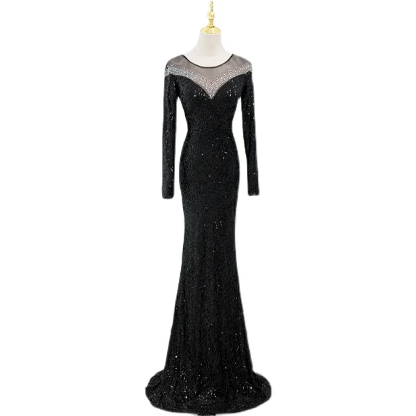 Charmant Scintillantes Noire Faux Diamant Paillettes Robe De Soirée 2022 Trompette / Sirène Encolure Dégagée Manches Longues Train De Balayage Soirée Robe De Ceremonie