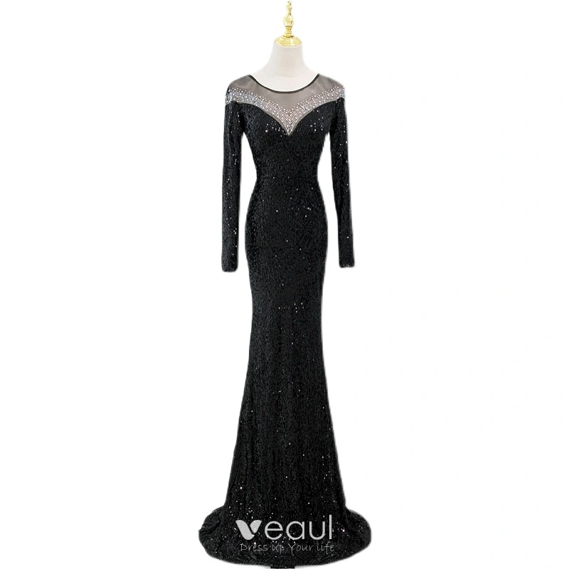 Black Long Sleeves Scoop Trumpet Mermaid Sparkle Sequin Prom Dress