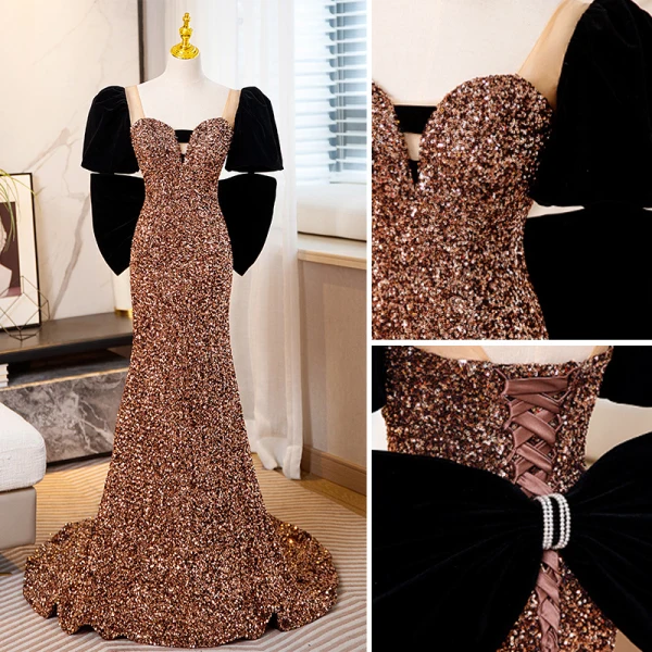 Scintillantes Doré Paillettes Robe De Soirée 2023 Trompette / Sirène Encolure Carrée Manches Courtes Dos Nu Noeud Train De Balayage Soirée Robe De Ceremonie