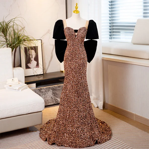 gold dress model Mermaid Deep V-Neck Sweep Train Grey Tulle Prom Dress – Pgmdress main image 1