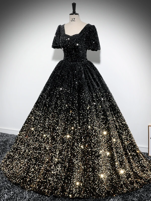 Glitzernden Schwarz Pailletten Ballkleider 2024 Ballkleid Eckiger Ausschnitt Kurze Ärmel Rückenfreies Lange Ball Festliche Kleider