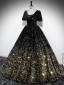 Glitzernden Schwarz Pailletten Ballkleider 2024 Ballkleid Eckiger Ausschnitt Kurze Ärmel Rückenfreies Lange Ball Festliche Kleider