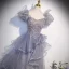 Fashion Grey Beading Sequins Prom Dresses 2023 A-Line / Princess Square Neckline Puffy Short Sleeve Backless Floor-Length / Long Prom Formal Dresses