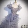 Fashion Grey Beading Sequins Prom Dresses 2023 A-Line / Princess Square Neckline Puffy Short Sleeve Backless Floor-Length / Long Prom Formal Dresses