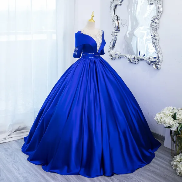 Vintage / Retro Royal Blue Beading Rhinestone Sequins Prom Dresses 2024 Organza Ball Gown Scoop Neck Short Sleeve Floor-Length / Long Prom Formal Dresses