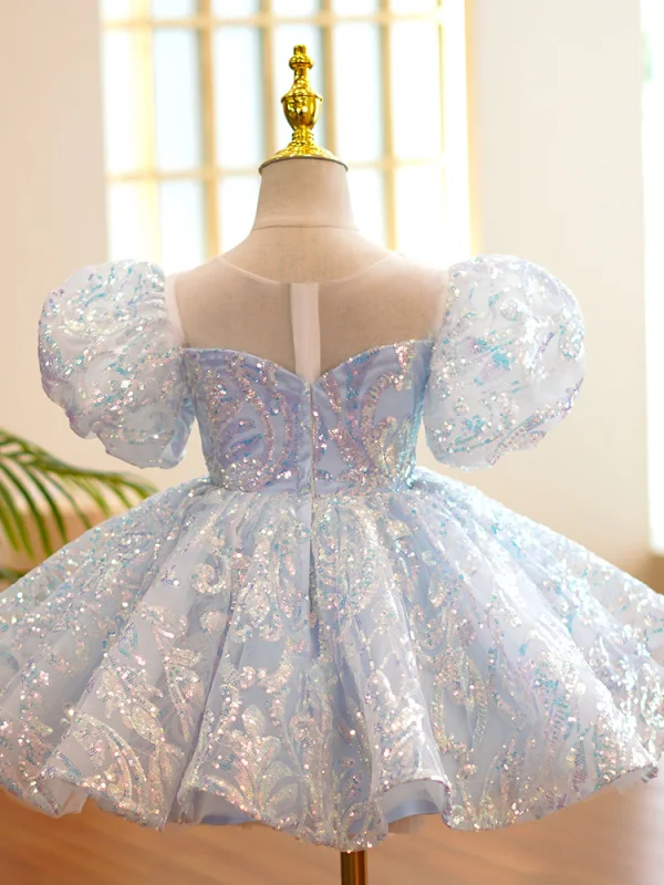 Sparkly Sky Blue Laser Sequins Birthday Short Sleeve Flower Girl Dresses 2022 Ball Gown Scoop Neck Puffy Short Flower Girl Dresses
