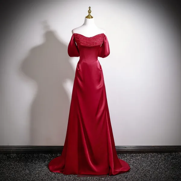 Vintage / Retro Burgundy Satin Prom Dresses 2026 A-Line / Princess Strapless Sleeveless Backless Sweep Train Prom Formal Dresses