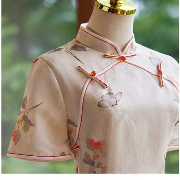 Chinese style Beige Printing Tea-length Cheongsam / Qipao 2024 Trumpet / Mermaid Polyester Short Sleeve