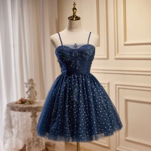 Charming Navy Blue Spotted Short Party Dresses 2023 Spaghetti Straps Sleeveless Backless Formal Dresses