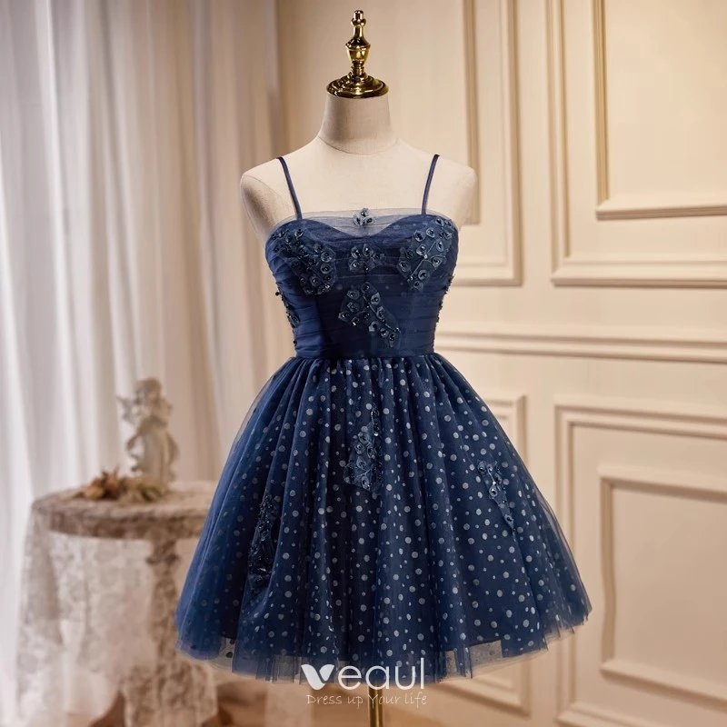 Sexy Navy Blue Beading Spotted Short Party Dresses 2023 Spaghetti Straps Sleeveless Backless Cocktail Party Evening Party Formal Dresses