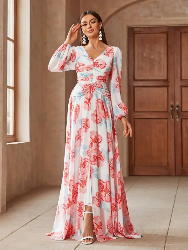 Chic / Beautiful White Printing Prom Dresses 2025 A-Line / Princess Chiffon V-Neck Long Sleeve Backless Floor-Length / Long Prom Formal Dresses