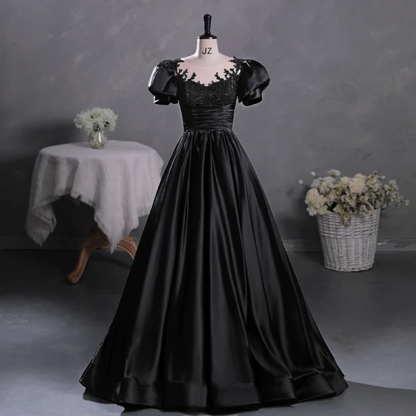 Vintage Schwarz Perlenstickerei Spitze Blumen Satin Ballkleider 2023 Ballkleid Rundhalsausschnitt Kurze Ärmel Schleife Lange Ball Festliche Kleider