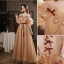 Fashion Champagne Prom Dresses 2022 A-Line / Princess Scoop Neck Ruffle Short Sleeve Beading Sequins Backless Sash Bow Floor-Length / Long Formal Dresses