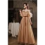 Fashion Champagne Prom Dresses 2022 A-Line / Princess Scoop Neck Ruffle Short Sleeve Beading Sequins Backless Sash Bow Floor-Length / Long Formal Dresses