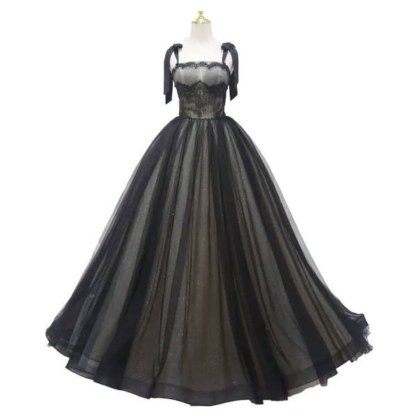 Audrey Hepburn Style Black Lace Prom Dresses 2024 Ball Gown Spaghetti Straps Sleeveless Backless Bow Floor-Length / Long Prom Formal Dresses