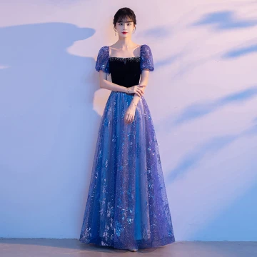 Bling Bling Ocean Blue Sequins Prom Dresses 2024 A Line Princess Square Neckline Short Sleeve Backless Floor Length Long Prom Formal Dresses